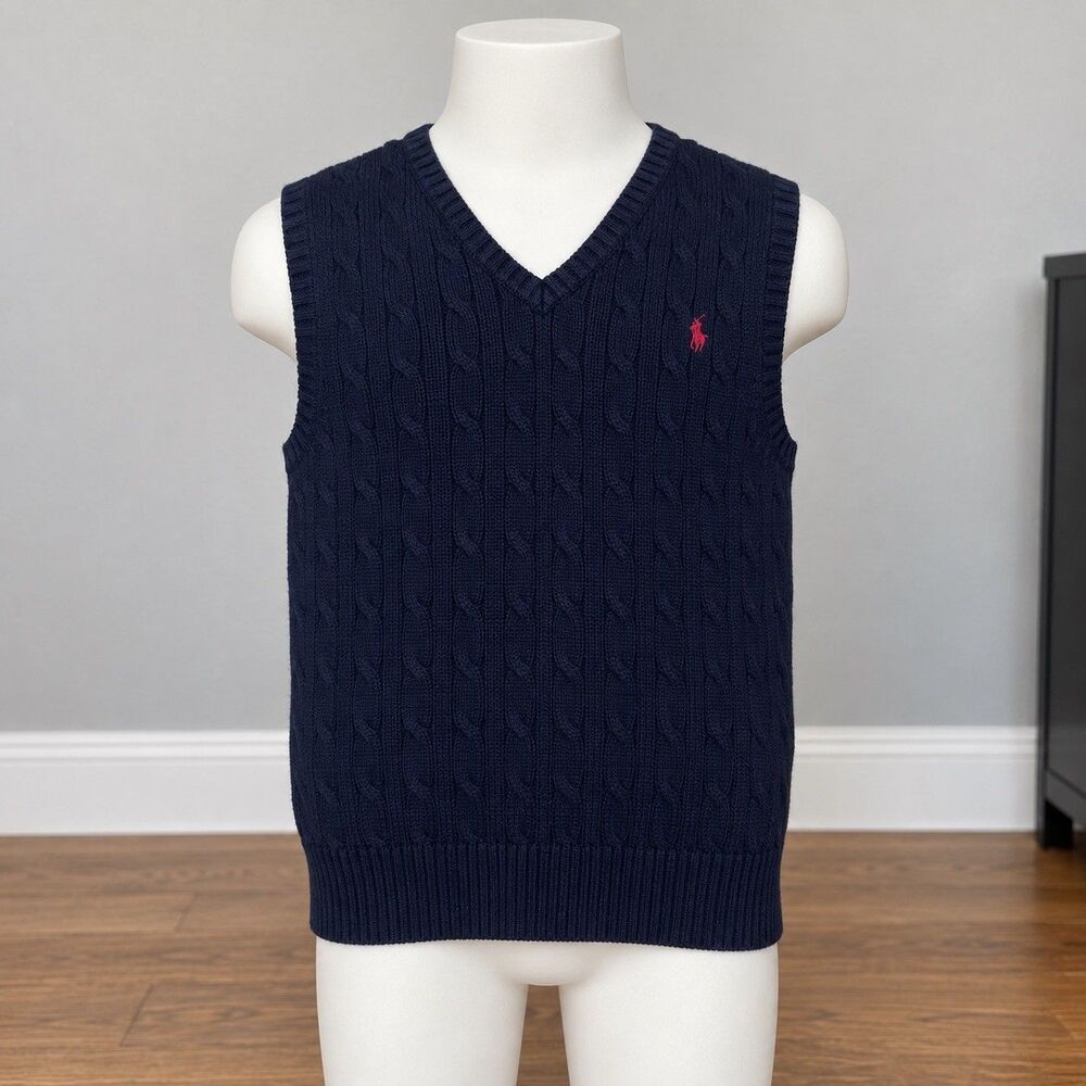 Polo Ralph Lauren Boys M 10-12 Cable Knit Sweater Vest Navy Preppy Old Money